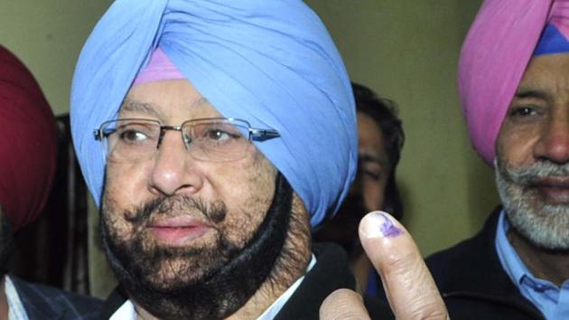 Punjab Congress president Captain Amarinder Singh after casting his vote in Patiala on Saturday. (Bharat Bhushan/HT) Punjab Congress president Captain Amarinder Singh after casting his vote in Patiala on Saturday. (Bharat Bhushan/HT)