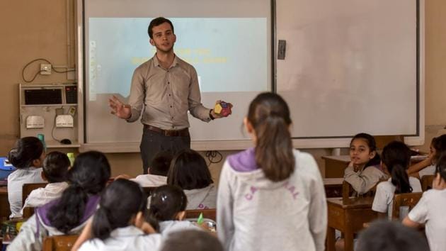 Iree, a student from Georgia Tech in Atlanta, USA spoke to students of Cathedral and John Connon School as part of ‘Clap Talks’ on Tuesday. (Kunal Patil/HT) Iree, a student from Georgia Tech in Atlanta, USA spoke to students of Cathedral and John Connon School as part of ‘Clap Talks’ on Tuesday. (Kunal Patil/HT)