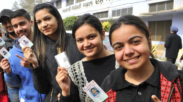 First-time voters at Balongi in SAS Nagar on Saturday. (Keshav Singh/HT Photo) First-time voters at Balongi in SAS Nagar on Saturday. (Keshav Singh/HT Photo)