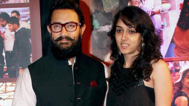 Bollywood actor Aamir Khan with his daughter Ira Khan during the success party of Dangal in Mumbai on Saturday. (PTI)