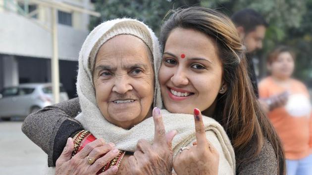 A woman and her grandmother after casting their votes in Ludhiana on Saturday. (Gurminder Singh/HT Photo) A woman and her grandmother after casting their votes in Ludhiana on Saturday. (Gurminder Singh/HT Photo)