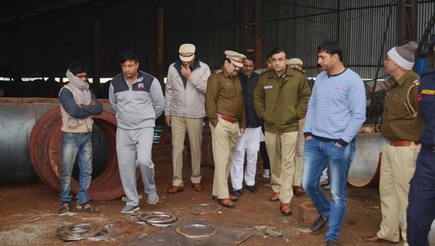 Gurgaon police commissioner Sandeep Khirwar (third from right) with other officials at the crime spot. Gurgaon police commissioner Sandeep Khirwar (third from right) with other officials at the crime spot.
