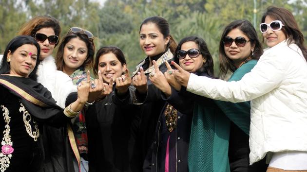 Women voters after casting their vote in Patiala on Saturday. (Bharat Bhushan/HT) Women voters after casting their vote in Patiala on Saturday. (Bharat Bhushan/HT)