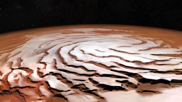 Perspective view of Mars north polar ice cap. (Photo credit: esa.int) Perspective view of Mars north polar ice cap. (Photo credit: esa.int)