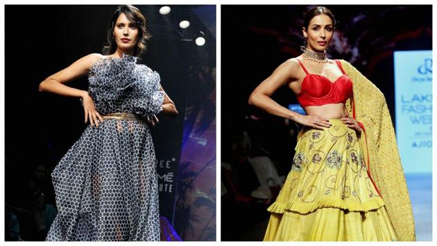 Ujjwala Raut in a Vidhi Wadhwani creation and Malaika Arora showcasing designer Divya Reddy’s work. (PTI) Ujjwala Raut in a Vidhi Wadhwani creation and Malaika Arora showcasing designer Divya Reddy’s work. (PTI)