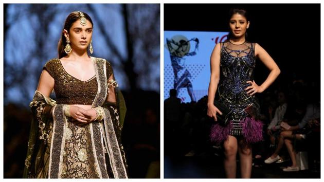 Actors Aditi Rao Hydari and Sunidhi Chauhan walk the ramp at the fashion week. (PTI/IANS ) Actors Aditi Rao Hydari and Sunidhi Chauhan walk the ramp at the fashion week. (PTI/IANS )