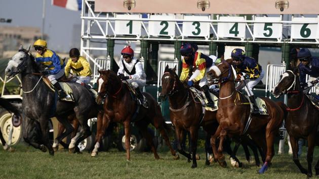 Hall Of Famer (left) bolts out of the gate at the start of the Indian Derby at the Mahalaxmi Racecourse in Mumbai, on Sunday. Ridden by jockey David Allen, Hall of Famer won the race in 2 minutes, 31.628 seconds. (Kunal Patil / HT Photo) Hall Of Famer (left) bolts out of the gate at the start of the Indian Derby at the Mahalaxmi Racecourse in Mumbai, on Sunday. Ridden by jockey David Allen, Hall of Famer won the race in 2 minutes, 31.628 seconds. (Kunal Patil / HT Photo)