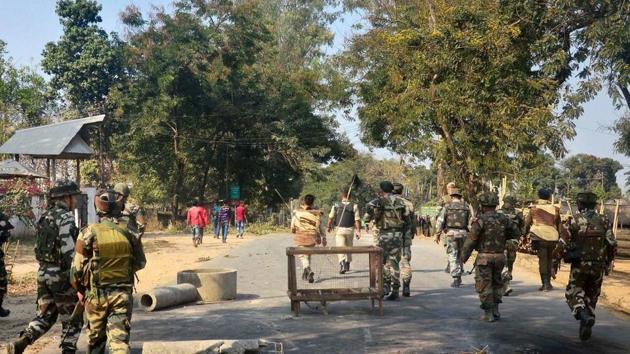 Security personnel patrol as bandh supporters block a highway during a strike call in Dimapur, Nagaland.(PTI photo) Security personnel patrol as bandh supporters block a highway during a strike call in Dimapur, Nagaland.(PTI photo)