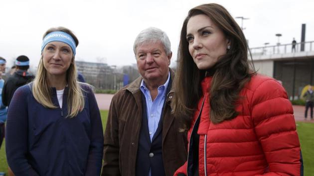 Kate, the Duchess of Cambridge, and athlete Paula Radcliffe (left) during the promotion of a charity Heads Together at the Queen Elizabeth II Park in London. (REUTERS)