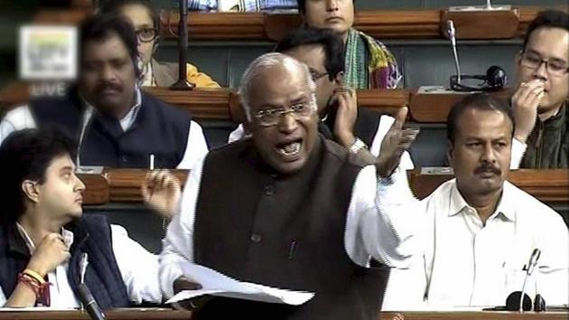Senior Congress leader Mallikarjun Kharge speaks in the Lok Sabha in New Delhi on Monday. (PTI/ TV Grab) Senior Congress leader Mallikarjun Kharge speaks in the Lok Sabha in New Delhi on Monday. (PTI/ TV Grab)