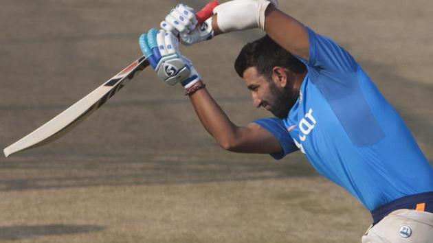 India cricket team’s Cheteshwar Pujara during a practice session ahead of their Test match against Bangladesh cricket team in Hyderabad on Monday.(AP)