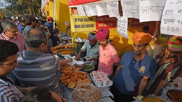 Rajasthani food stalls dot the landscape during the HT Kala Ghoda Arts Festival, at Cross Maidan on Sunday.(Pratik Chorge/HT)