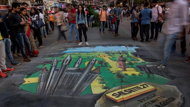 Adding another dimension: A 3D painting on display. (Satish Bate/HT PHOTO) 