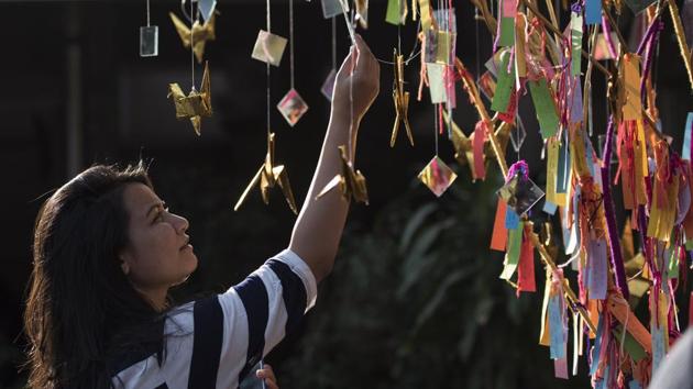 Visitors check out the diverse forms of art on Sunday. (Satish Bate/HT )