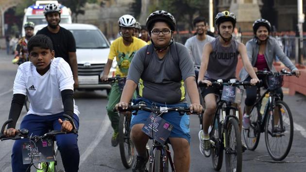 Young cyclists participates in a heritage cycle ride as part of the HT Kala Ghoda Arts Festival, in Mumbai on Sunday.(Arijit Sen/HT)