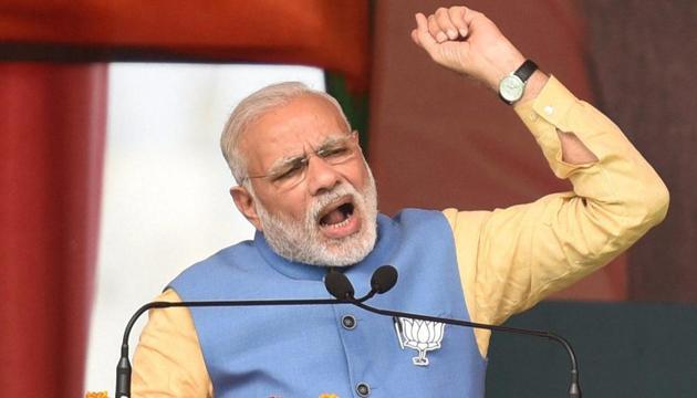 Prime Minister Narendra Modi addresses an election rally in Aligarh, Uttar Pradesh, on Sunday.(PTI)