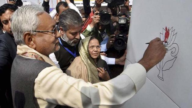 Nitish Kumar fills colour on a painting of lotus drawn by famous Madhubani painter Bahua Devi during inauguration of the Patna Book fair on Saturday. (Twitter) Nitish Kumar fills colour on a painting of lotus drawn by famous Madhubani painter Bahua Devi during inauguration of the Patna Book fair on Saturday. (Twitter)