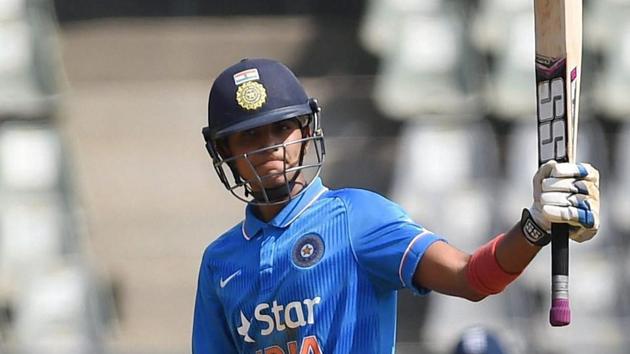 Shubman Gill of India Under-19 cricket team celebrates his century against England Under-19 cricket team during the Youth ODI at Wankhede Stadium in Mumbai on Monday.(PTI)