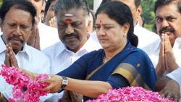 Chennai: AIADMK General Secretary V K Sasikala paying tribute at the memorial former Tamil Nadu C M C N Annadurai, on the leader's 48th death anniversary in Chennai on Friday.(PTI File Photo) Chennai: AIADMK General Secretary V K Sasikala paying tribute at the memorial former Tamil Nadu C M C N Annadurai, on the leader's 48th death anniversary in Chennai on Friday.(PTI File Photo)