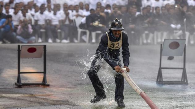 A fireman during a routine at the fire brigade’s headquarters. (Kunal Patil/Ht photo)