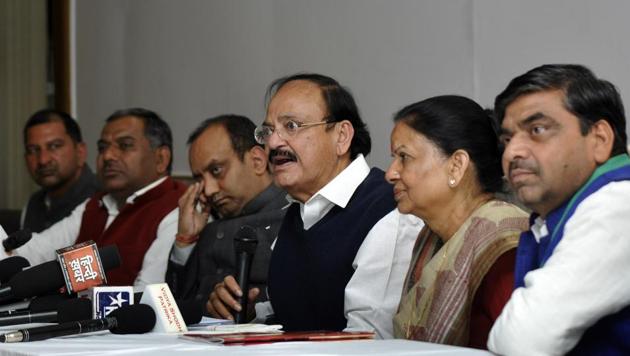 Naidu was speaking at a public event in Kailash Hospital on Tuesday evening, campaigning for BJP’s Noida candidate Pankaj Singh. (Sunil Ghosh/HT Photo) Naidu was speaking at a public event in Kailash Hospital on Tuesday evening, campaigning for BJP’s Noida candidate Pankaj Singh. (Sunil Ghosh/HT Photo)