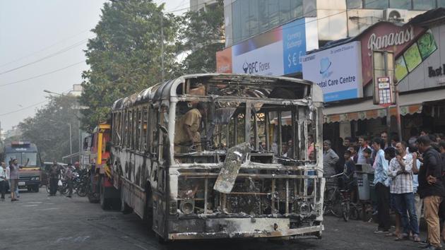 The BEST bus that caught fire in Andheri.(HT)