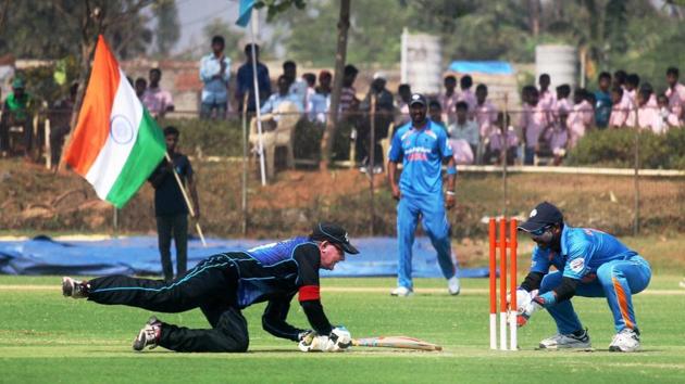 A New Zealand batsman completes a run during their Blind Cricket World T20 match against India in Bhubaneswar on Tuesday. (PTI)