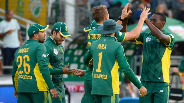 South Africa cricketers celebrate the loss of a wicket during their ODI series against Sri Lanka. (AFP) South Africa cricketers celebrate the loss of a wicket during their ODI series against Sri Lanka. (AFP)
