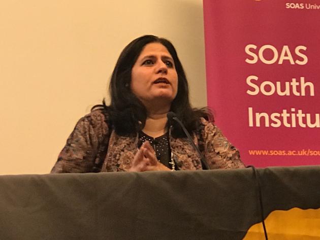 Lawyer and human rights activist Vrinda Grover delivers the Noor Inayat Khan Memorial Annual Lecture at the School of Oriental and African Studies, London, on Tuesday.(HT Photo)