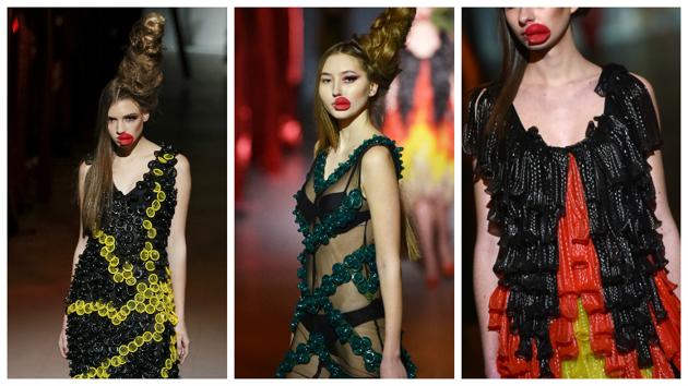 Three dresses made of condoms by Zelevskiy. (REuters) Three dresses made of condoms by Zelevskiy. (REuters)