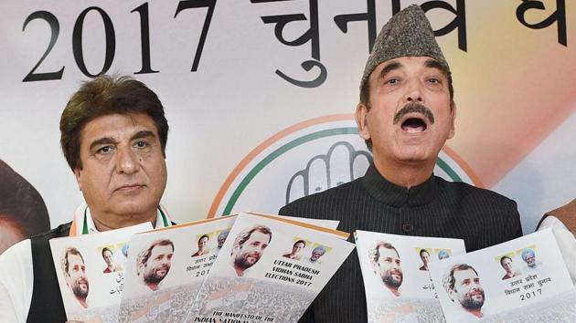 Congress in-charge for Uttar Pradesh Ghulam Nabi Azad and state party chief Raj Babbar release party manifesto for the upcoming Uttar Pradesh assembly elections in Lucknow. (PTI Photo) Congress in-charge for Uttar Pradesh Ghulam Nabi Azad and state party chief Raj Babbar release party manifesto for the upcoming Uttar Pradesh assembly elections in Lucknow. (PTI Photo)