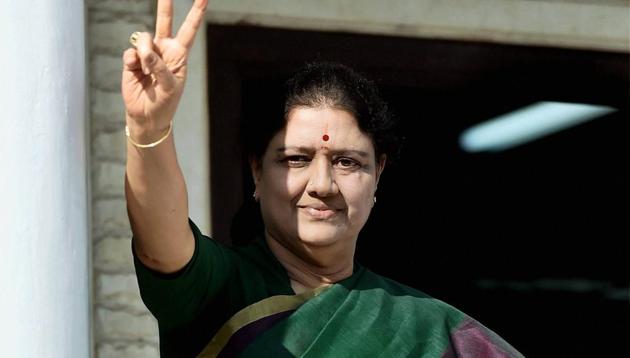 AIADMK General Secretary V K Sasikala flashes a victory sign after attending the party MLA's meeting in which she was elected as a AIADMK Legislative party leader, on Sunday, Feb. 5, 2017.(PTI)