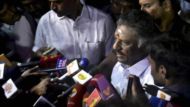 O Panneerselvam addressing to media after end of a meditation in front of late J Jayalalithaa's burial site at the Marina Beach in Chennai on Tuesday.(PTI)