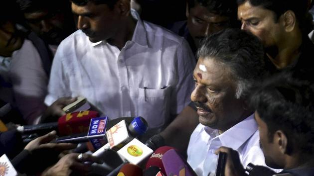 Tamil Nadu Chief Minister O Panneerselvam addressing to media after end of a meditation in front of late J Jayalalithaa's burial site at the Marina Beach in Chennai on Tuesday. On Sunday, he tendered his resignation from the post paving the way for AIADMK General Secretary V K Sasikala to become Chief Minister.(PTI)