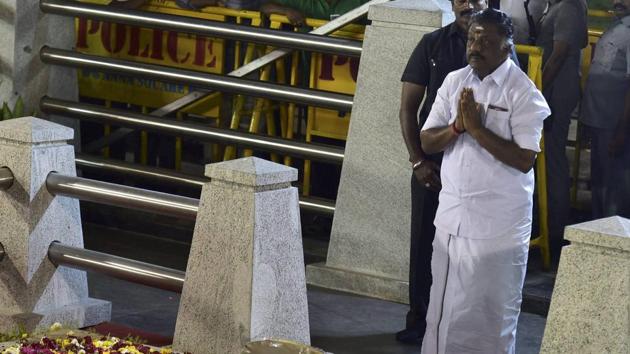Tamil Nadu chief minister O Panneerselvam after end of a meditation in front of late J Jayalalithaa's burial site at the Marina Beach in Chennai on Tuesday. (PTI Photo) Tamil Nadu chief minister O Panneerselvam after end of a meditation in front of late J Jayalalithaa's burial site at the Marina Beach in Chennai on Tuesday. (PTI Photo)