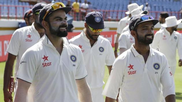 Virat Kohli has stressed that Ajinkya Rahane’s two years of hard work cannot be overlooked for the upcoming Bangladesh Test just because of Karun Nair’s one triple century in the Chennai Test against England.(AP)