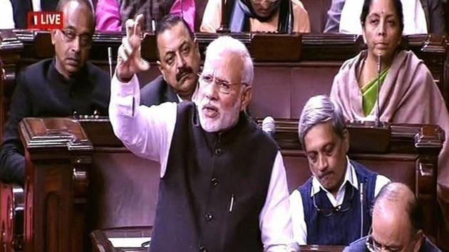 Prime Minister Narendra Modi speaks in the Rajya Sabha in New Delhi on Wednesday. (PTI) Prime Minister Narendra Modi speaks in the Rajya Sabha in New Delhi on Wednesday. (PTI)