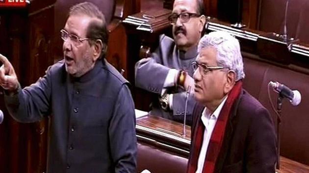 JD(U) leader Sharad Yadav and CPI(M)'s Sitaram Yechury (Right) after Prime Minister Narendra Modi's reply to the motion of thanks on President's address in the Rajya Sabha in New Delhi on Wednesday, Feb. 8, 2017.(PTI)
