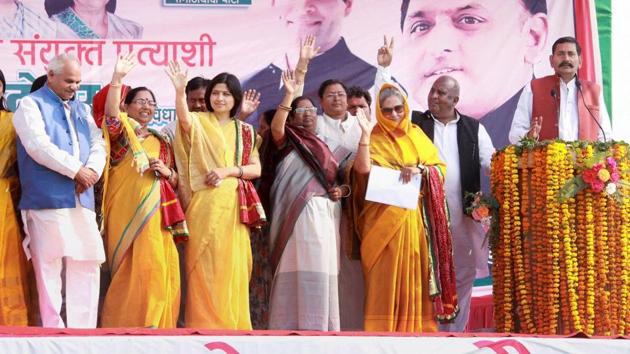 Samajwadi Party MPs Dimple Yadav and Jaya Bachchan campaign at an election rally in support of Congress-SP candidates in Kanpur on Thursday. (PTI) Samajwadi Party MPs Dimple Yadav and Jaya Bachchan campaign at an election rally in support of Congress-SP candidates in Kanpur on Thursday. (PTI)
