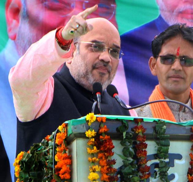 BJP national president Amit Shah addresses a rally in Tehri district on Thursday.(HT Photo) BJP national president Amit Shah addresses a rally in Tehri district on Thursday.(HT Photo)