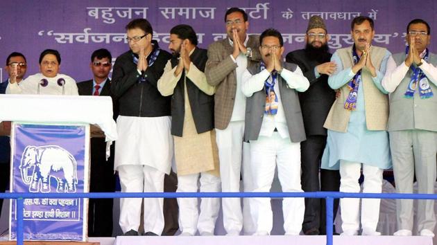 BSP President Mayawati addresses an election rally in support of party candidates in Meerut on Wednesday. (PTI)