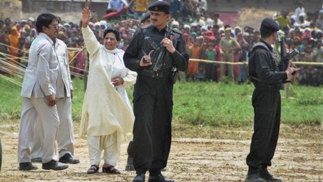 BSP supremo Mayawati reaches Katra Shahadatganj village, Badaun for a rally. The village came into news when two Dalit women were found raped and hanging from a tree on May 27, 2014. (PTI)