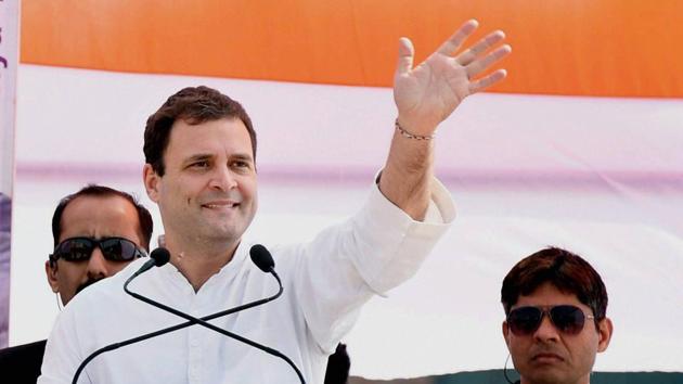 Congress vice-president Rahul Gandhi addresses an election rally in Aligarh on Thursday.(PTI)