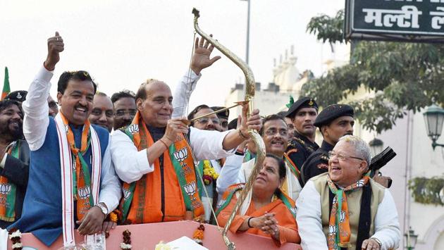 Union home minister Rajnath Singh (centre), along with (from right) Union Minister of Micro, Small and Medium Enterprises Kalraj Mishra, Union Minister for Water Resources Uma Bharti and (extreme left) UP BJP chief Keshav Prasad Maurya at a function to mark conclusion of the Parivartan Yatras in Lucknow on Saturday. (and Kumar / PTI)