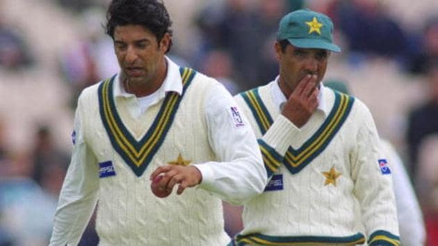 Wasim Akram and Waqar Younis were at the crease with Anil Kumble bowling to scalp his tenth wicket during the Test between India cricket team and Pakistan cricket team at Kotla in 1999.(Getty Images)