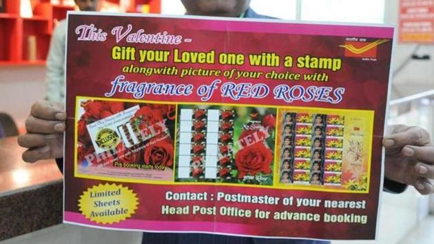 Jharkhand has been given altogether 1,000 rose scented postage stamps for this Valentine week.(HT Photo/ PARVEEN KUMAR)