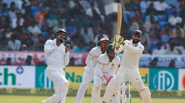 Ravindra Jadeja in action against Bangladesh held at the Rajiv Gandhi International Cricket Stadium. (BCCI) 