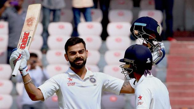 Virat Kohli celebrates his fourth double century on the Day 2 of India vs Bangladesh on Friday.(PTI)