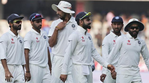 Indian players leave the ground at the end of play on the second day of the cricket test match against Bangladesh. (AP) Indian players leave the ground at the end of play on the second day of the cricket test match against Bangladesh. (AP)