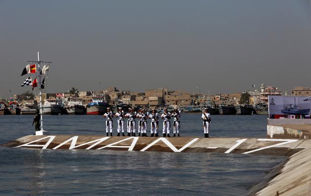Pakistan Navy's firing squad takes position during the flag-hoisting ceremony of Aman-17 in Karachi on Friday. (REUTERS) Pakistan Navy's firing squad takes position during the flag-hoisting ceremony of Aman-17 in Karachi on Friday. (REUTERS)